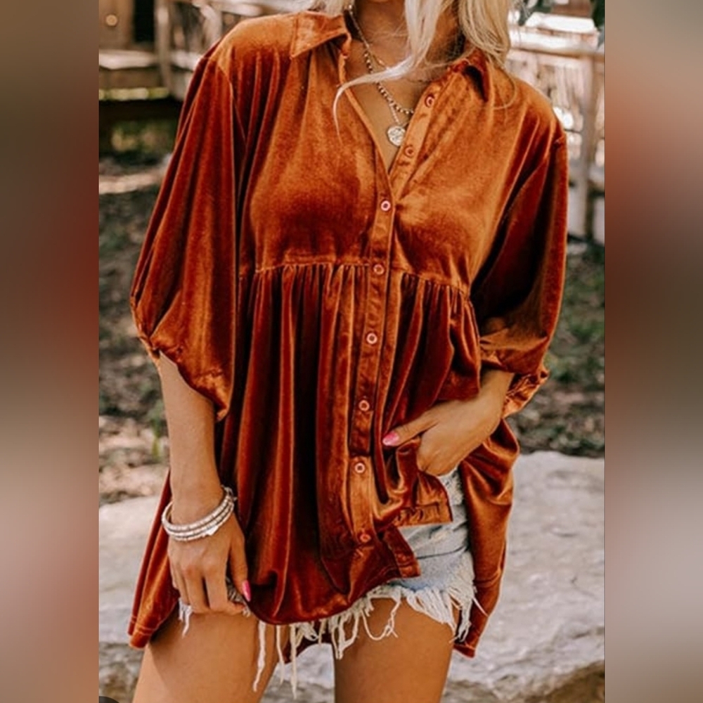Velvet Button-Up Baby Doll Shirt in Rich Rusty Color
